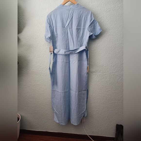 FOR CYNTHIA dress linen viscose blend side pockets belted short sleeve - Picture 2 of 13